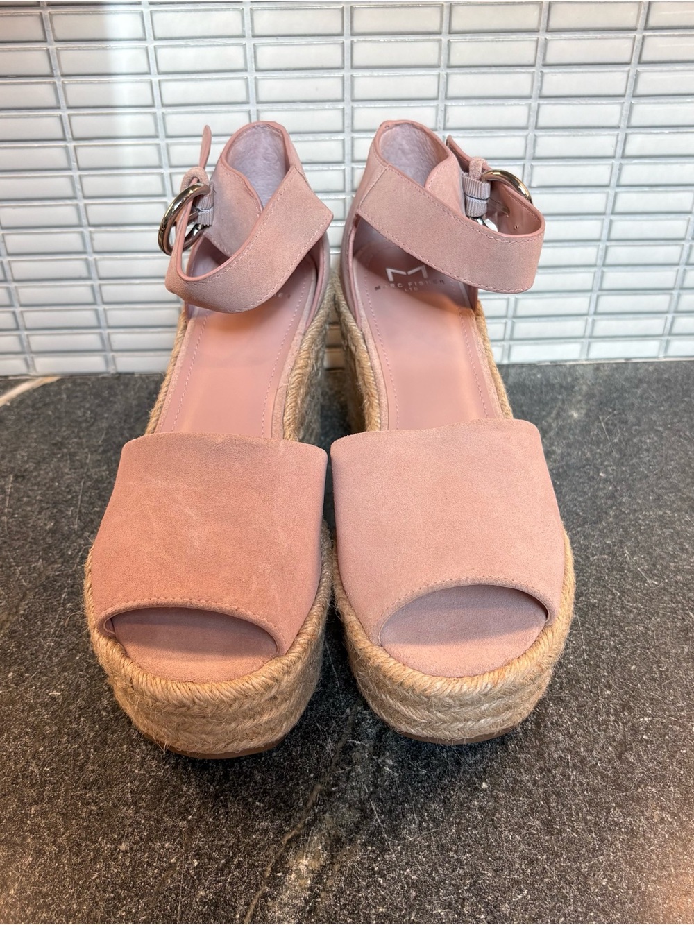 Marc Fisher Pink Suede Espadrille Wedge Sandals with Ankle Buckle - Picture 3 of 8